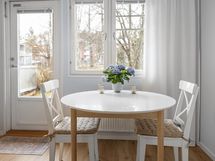 Ruokapöydälle hyvin tilaa ikkunan edustalla.