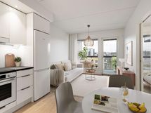 Virtuaalisesti kalustettu valokuva 6. kerroksen vastaavasta asunnosta