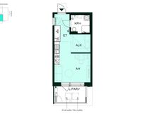 Yksiö, jossa alkovillinen asuinhuone, avokeittiö, kylpyhuone ja lasitettu parveke.