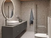 Visualisointikuva Kuviollinen kalkki -tyylillä sisustetusta kylpyhuoneesta