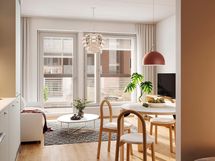 Asunto D5 (1H+KT, 30,5 m2) on mahdollista yhdistää viereisen asunnon D4 (2H+KT, 51,5 m2) kanssa. 1. kerros. Visualisointi asunnosta D5.