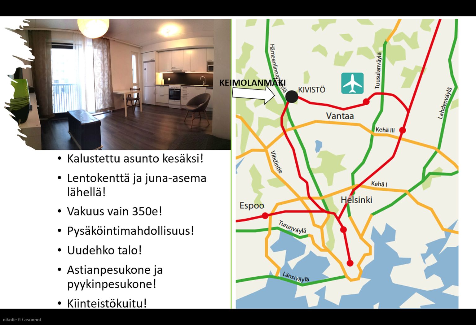 28,5 m² Lincolninaukio 3, 01700 Vantaa Kerrostalo Yksiö vuokrattavana -  Oikotie 17232185