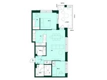 3h+kt+khh+s, 77,0 m². Kolmio, jossa sauna, kodinhoitohuone ja lasitettu parveke.