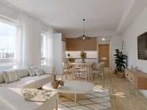 Havainnekuva olohuone-keittiö, A06 3h+kt, 65 m2, taiteilijan näkemys