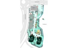 Espoon Tiiran asemapiirros, jossa näkyvät talot D ja E, leikki- ja oleskelualueet sekä viheralueet Tiistinkallion laidalla.