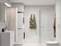 Visualisointi hintaan kuuluvasta vaaleasta kylpyhuonetyylistä Kaste. Visualisoinnissa lisäksi valittuna lisähintainen pesutorni.