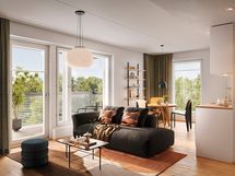 Visualisointi 47,5-neliöisestä kaksiosta (asunnot E 39, E46 ja E53, 2h+kt+s).