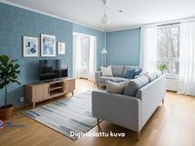 Olohuoneesta avautuu makuuhuone 2