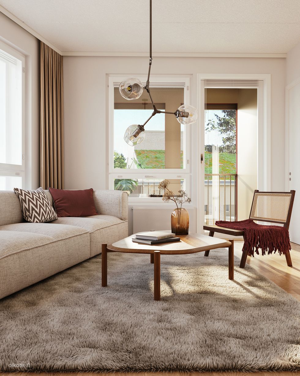 Visualisointikuvassa taiteilijan näkemys 3. kerroksen asunnosta B36 kooltaan 52,5 m².