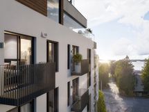 Visualisointikuvassa taiteilijan näkemys 6. kerroksen korkeudelta talon luoteiskulmasta kohti Särkiniementietä.