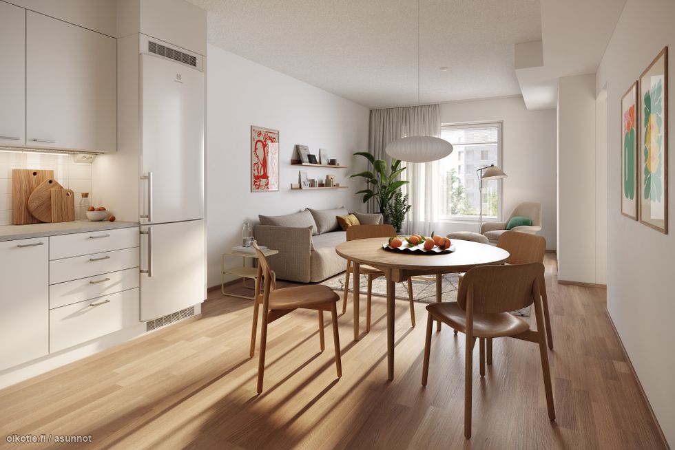 Visualisointikuvassa taiteilijan näkemys 55,0 m2 asunnon B45 olohuoneesta.