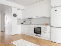 Keittiössä on hyvin lasku- ja kaappitilaa.