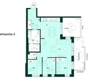 3–4h+kt+s, 73,5 m². Vaihtoehtopohjassa saatavilla kolme makuuhuonetta ja keittiö ilman saareketta.