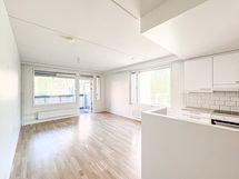Valoisa saunallinen koti metsän laidalta.