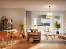 Visualisointi 69,5-neliöisestä ylimmän kerroksen kulmahuoneistosta (D24, 3h+kt+s).