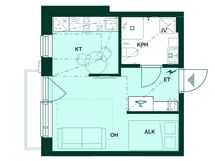 1h+kt, 28,0 m². Yksiö, jossa alkovi ja ranskalainen parveke.