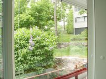 Myyjän ottama kesäkuva parvekkeelta, etualalla syreenipensas.