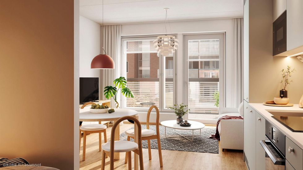 Visualisointi 32-neliöisestä yksiöstä alkovilla (asunnot D11, D18, 1h+kt).