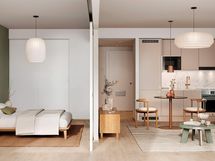 Visualisointi 36,5-neliöisestä kaksiosta (asunnot E32, E37, E44, E51, 2h+kt).