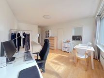 Tilavaan huoneeseen saa pienen kodin toiminnot mahtumaan hienosti.