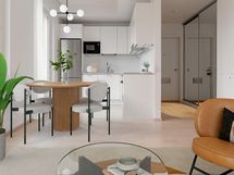 Digistailattu asunto A 08 - Keittotila, jonka yhteydessä on viihtyisä ruokailu- ja oleskelualue.