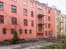 Sisäpihalla on puita ja pensaita