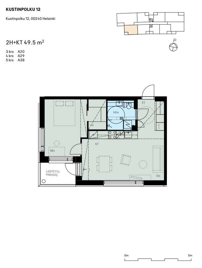 Kerrostalo, 2h + kt, 49,5 m², Postipuisto