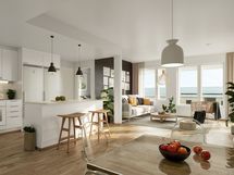 Havainnekuva asunnosta 18, 3.kerros keittiö ja olohuone