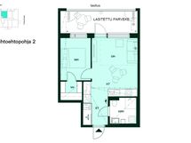 Vaihtoehtoisessa pohjaratkaisussa kulmakeittiö on toteutettu I-keittiönä ja osa keittiökalusteista on viety eteisen seinustalle.