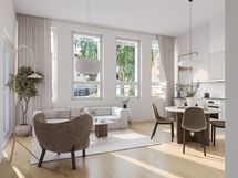 Korkea huonekorkeus ja isot ikkunapinnat tuovat ilmavuutta ja valoa kotiin