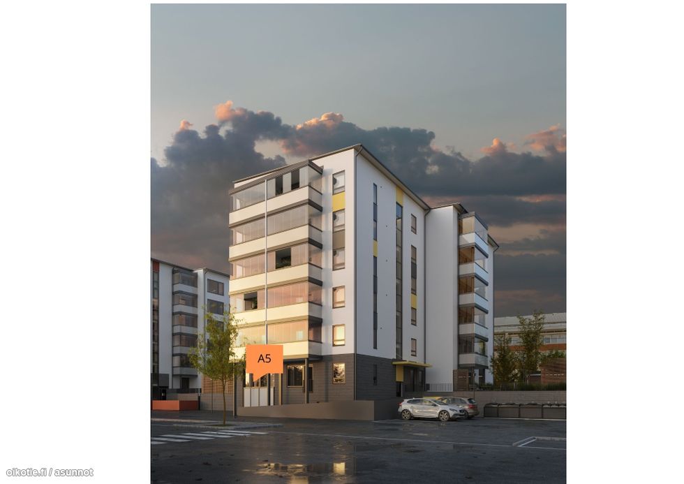 Visualisointikuvassa taiteilijan näkemys aiemmin toteutetun kohteen saarekkeellisesta keittiöstä. Kuvan integroitu mikro on lisähintainen muutostyö.