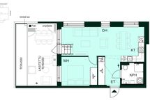 Kaksio, jossa makuuhuone, avokeittiö-olohuone, kylpyhuone sekä lasitettu ja avoin terassi.