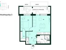 Vaihtoehtopohjassa kodinhoitotilan tilalle on toteutettu sauna, ja eteistä on avarrettu. Kulmakeittiö on vaihdettu I-keittiöksi.