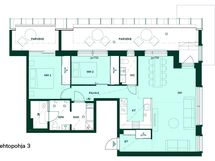 3–4h+kt+khh+s, 82,5 m². Vaihtoehtopohjassa keittotila toteutettu U-mallisena.