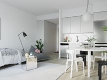 Visualisointikuva on taiteilijan näkemys vastaavankokoisesta asunnosta (peilikuva).