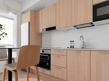 Digistailattu asunto A 17 - Puustellin vaalean tammen sävyiset kalusteet ja Electroluxin kodinkoneet viimeistelevät tyylikkään keittotilan.