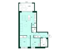 3h+kt, 68,5 m². Kolmio, jossa kaksi makuuhuonetta ja lasitettu parveke.