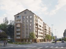 Luonnoskuva Järvenpään Pormestarinkulman julkisivusta
