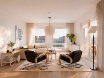 Visualisointi 8. kerroksen vastaavasta kodista (4h+kt+s, 93,5 m²).
