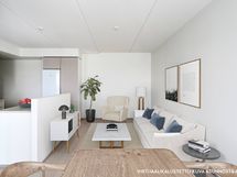 Virtuaalikalustettu olohuone. Kuva asunnosta A58, jossa vastaava pohjaratkaisu, materiaalit voivat poiketa.