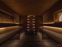 Piharakennuksen saunatila.