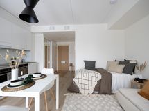 Asunto on helppo sisustaa ja sinne saa mahtumaan sekä sängyn että sohvan!