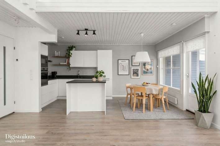 Paritalo, 3h-5h,ph+sauna+wc,eteinen,aulatila,2×parveke,katettu terassi,piha,oma tontti,leikkimökki,kellarikerros:(khh,vh,työtila) n.50m2yj. 3h+k+sauna), 76,5/126,5 m², Tuomala - Näkymä 3
