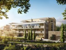 Visualisointikuvassa taiteilijan näkemys 6. kerroksen 45,5 m2 asunnon C128 makuuhuoneesta.