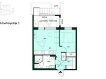 Vaihtoehtoisessa pohjaratkaisussa kodinhoitotilan tilalle kylpyhuoneeseen on toteutettu sauna.