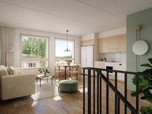 Visualisointikuvassa taiteilijan näkemys 2.-3. kerroksen 84,5 m² asunnon B29 yläkerrasta.