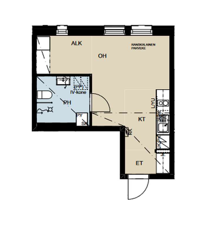 Kerrostalo, 1h+kt+alkovi, 28 m², Tourula - Näkymä 2