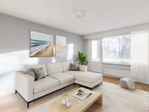 Havainnekuva olohuoneesta kalustettuna pintaremontin jälkeen.