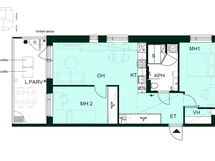 Kolmio, jossa kaksi makuuhuonetta, vaatehuone, olohuone ja avokeittiö, kylpyhuone, sauna ja lasitettu parveke.