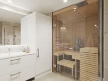 Esimerkki saunallisesta huoneistosta, beige-laatalla
